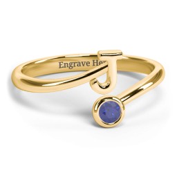 Initial & Birthstone Bypass Ring in 18K Gold Plated Silver with Blue Sapphire