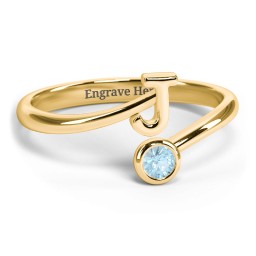 Initial & Birthstone Bypass Ring in 18K Gold Plated Silver with Blue Topaz