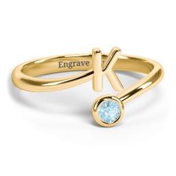 Initial & Birthstone Bypass Ring in 18K Gold Plated Silver with Blue Topaz