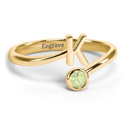 Initial & Birthstone Bypass Ring in 18K Gold Plated Silver with Peridot