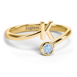 Initial & Birthstone Bypass Ring in 18K Gold Plated Silver with Blue Topaz