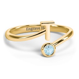 Initial & Birthstone Bypass Ring in 18K Gold Plated Silver with Blue Topaz