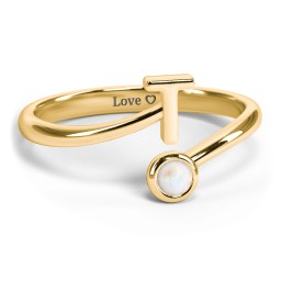 Initial & Birthstone Bypass Ring in 18K Gold Plated Silver with Opal