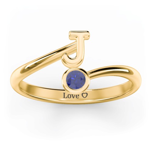 Initial & Birthstone Bypass Ring – 18K Gold Plated Silver with Blue Sapphire
