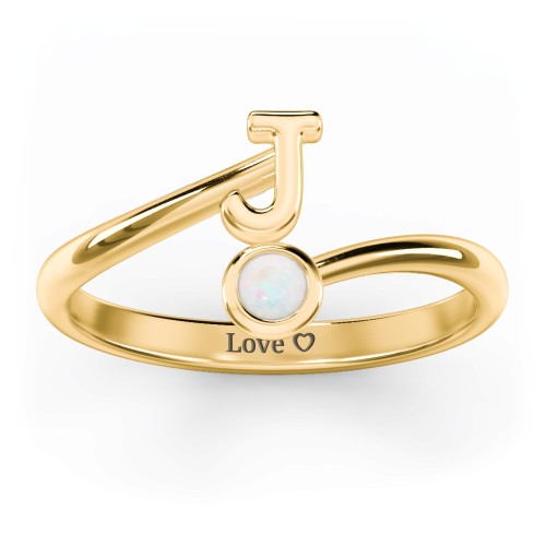 Initial & Birthstone Bypass Ring – 18K Gold Plated Silver with Opal