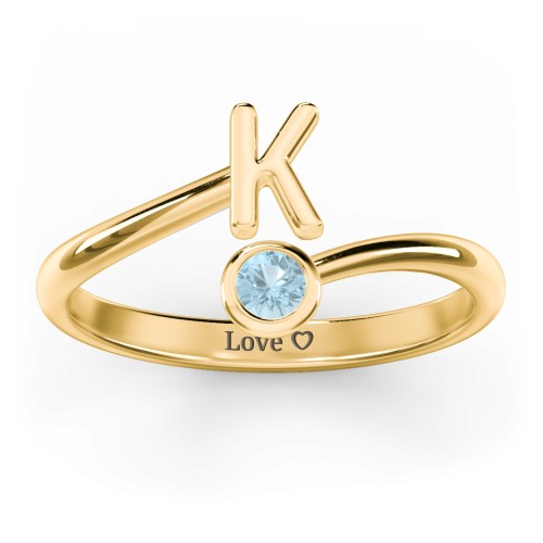 Initial & Birthstone Bypass Ring – 18K Gold Plated Silver with Blue Topaz