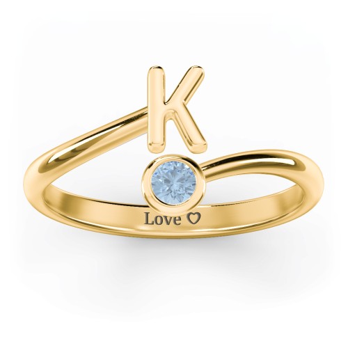 Initial & Birthstone Bypass Ring – 18K Gold Plated Silver with Blue Topaz