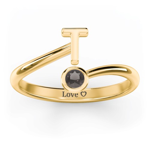 Initial & Birthstone Bypass Ring – 18K Gold Plated Silver with Smokey Quartz