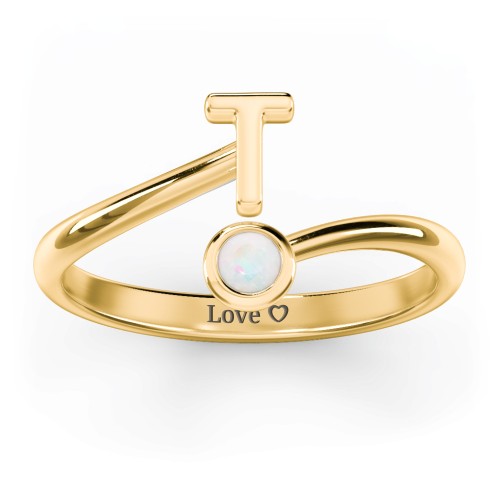 Initial & Birthstone Bypass Ring – 18K Gold Plated Silver with Opal