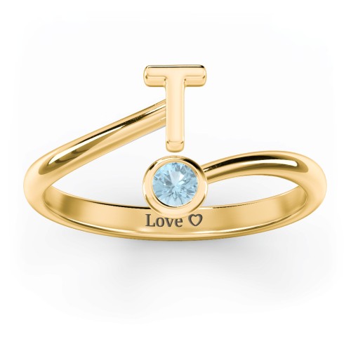 Initial & Birthstone Bypass Ring – 18K Gold Plated Silver with Blue Topaz