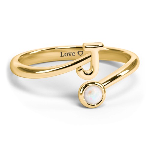 Initial & Birthstone Bypass Ring – 18K Gold Plated Silver with Opal