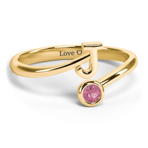 Initial & Birthstone Bypass Ring – 18K Gold Plated Silver with Pink Tourmaline