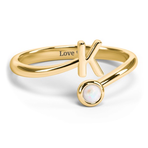 Initial & Birthstone Bypass Ring – 18K Gold Plated Silver with Opal