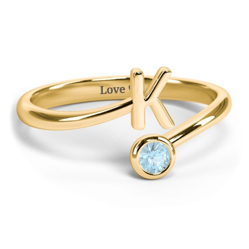 Initial & Birthstone Bypass Ring – 18K Gold Plated Silver with Blue Topaz