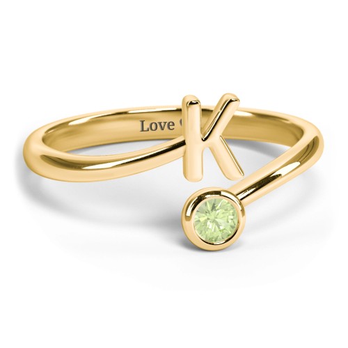 Initial & Birthstone Bypass Ring – 18K Gold Plated Silver with Peridot