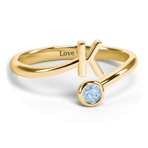 Initial & Birthstone Bypass Ring – 18K Gold Plated Silver with Blue Topaz