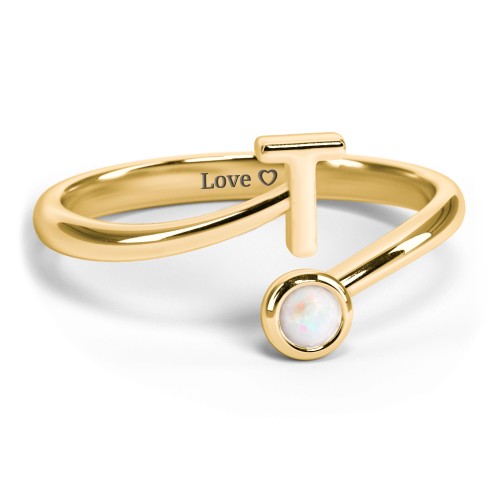 Initial & Birthstone Bypass Ring – 18K Gold Plated Silver with Opal