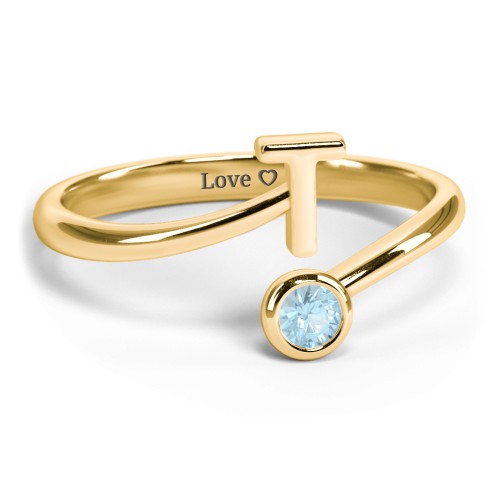 Initial & Birthstone Bypass Ring – 18K Gold Plated Silver with Blue Topaz