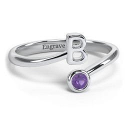 Initial & Birthstone Bypass Ring in 925 Sterling Silver with Amethyst