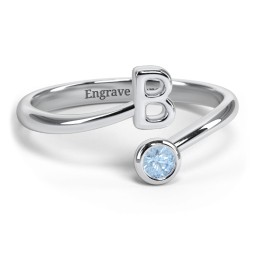 Initial & Birthstone Bypass Ring in 925 Sterling Silver with Blue Topaz