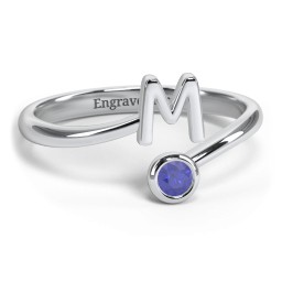 Initial & Birthstone Bypass Ring in 925 Sterling Silver with Blue Sapphire