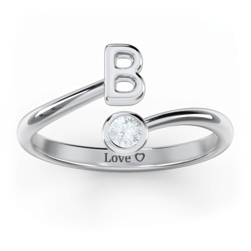 Initial & Birthstone Bypass Ring – Sterling Silver with Aquamarine