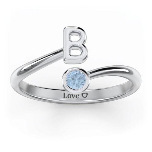 Initial & Birthstone Bypass Ring – Sterling Silver with Blue Topaz