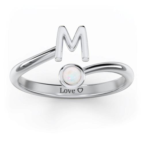 Initial & Birthstone Bypass Ring – Sterling Silver with Opal