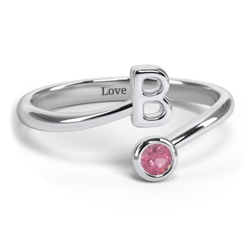 Initial & Birthstone Bypass Ring – Sterling Silver with Pink Tourmaline