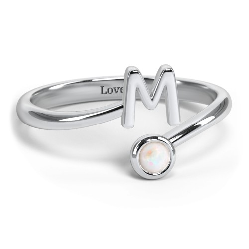 Initial & Birthstone Bypass Ring – Sterling Silver with Opal