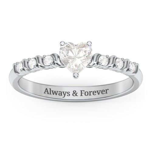 Solitaire Heart Gemstone Ring with Side Accent Stones – Sterling Silver with Cubic Zirconia