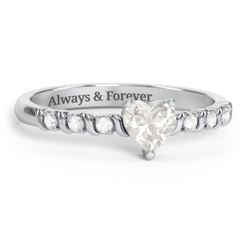 Solitaire Heart Gemstone Ring with Side Accent Stones – Sterling Silver with Cubic Zirconia