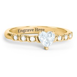 Solitaire Heart Gemstone Ring with Side Accent Stones in 18K Gold Plated Silver with Aquamarine