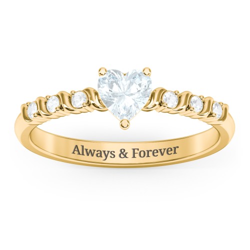 Solitaire Heart Gemstone Ring with Side Accent Stones – 18K Gold Plated Silver with Aquamarine