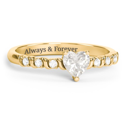 Solitaire Heart Gemstone Ring with Side Accent Stones – 18K Gold Plated Silver with Cubic Zirconia