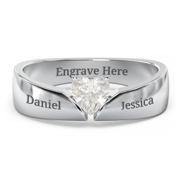 Solitaire Heart Gemstone Ring with Tapered Wide Band in 925 Sterling Silver with Cubic Zirconia