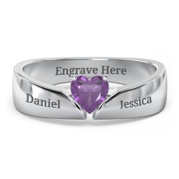 Solitaire Heart Gemstone Ring with Tapered Wide Band in 925 Sterling Silver with Amethyst