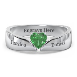 Solitaire Heart Gemstone Ring with Tapered Wide Band in 925 Sterling Silver with Emerald