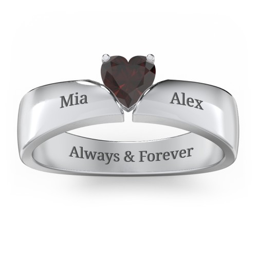 Solitaire Heart Gemstone Ring with Tapered Wide Band – Sterling Silver with Garnet