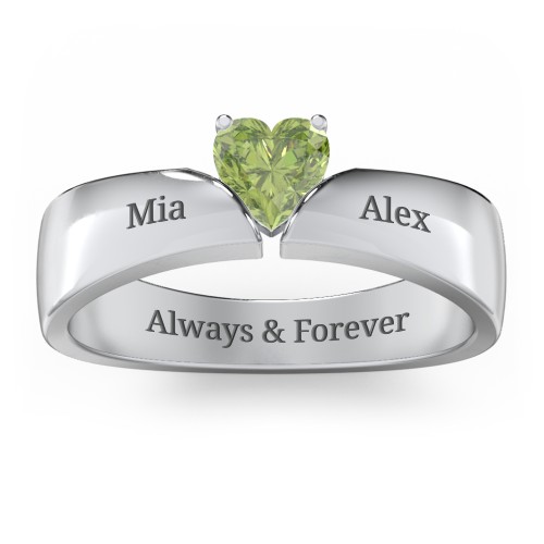 Solitaire Heart Gemstone Ring with Tapered Wide Band – Sterling Silver with Peridot