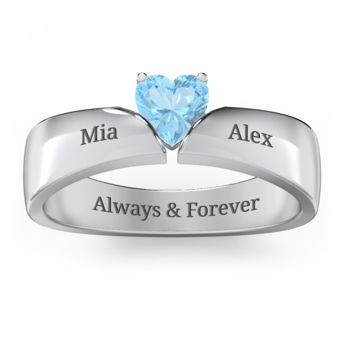Solitaire Heart Gemstone Ring with Tapered Wide Band – Sterling Silver with Blue Topaz