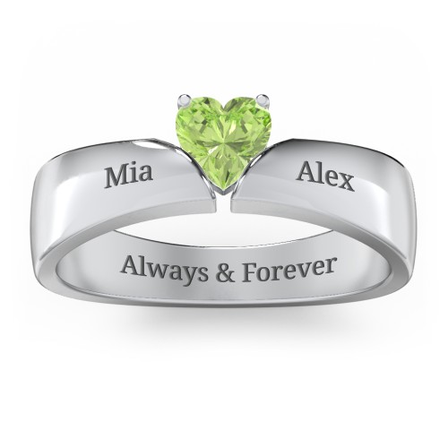 Solitaire Heart Gemstone Ring with Tapered Wide Band – Sterling Silver with Peridot