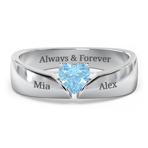 Solitaire Heart Gemstone Ring with Tapered Wide Band – Sterling Silver with Blue Topaz
