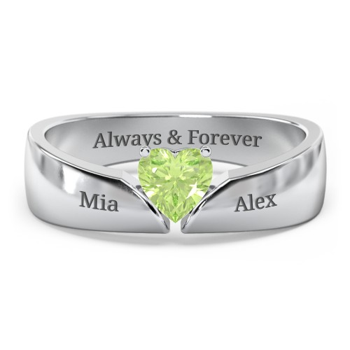 Solitaire Heart Gemstone Ring with Tapered Wide Band – Sterling Silver with Peridot