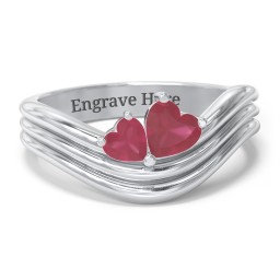 Double Heart Wave Birthstone Ring in 925 Sterling Silver with Ruby