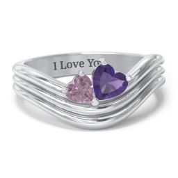Double Heart Wave Birthstone Ring in 925 Sterling Silver with Alexandrite and Amethyst