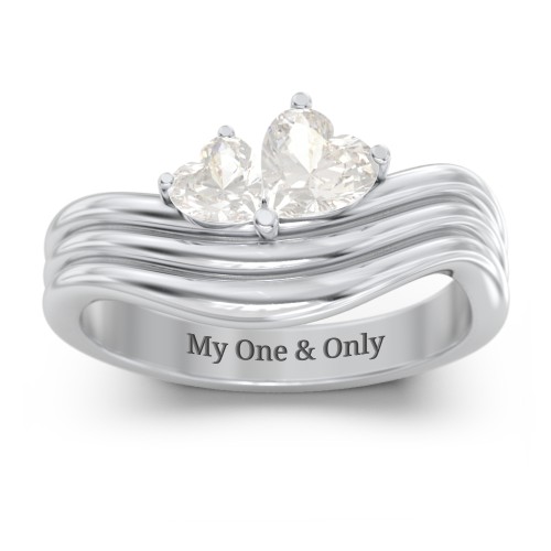 Double Heart Wave Birthstone Ring – Sterling Silver with Cubic Zirconia