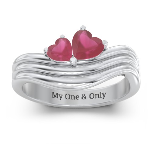 Double Heart Wave Birthstone Ring – Sterling Silver with Ruby