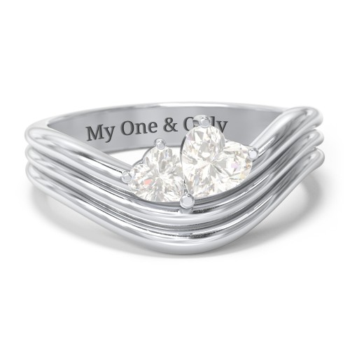 Double Heart Wave Birthstone Ring – Sterling Silver with Cubic Zirconia