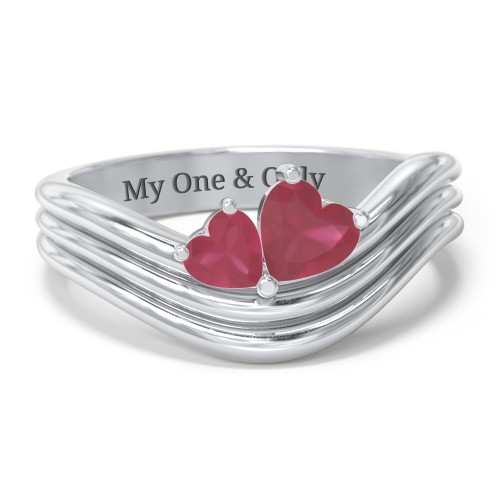 Double Heart Wave Birthstone Ring – Sterling Silver with Ruby